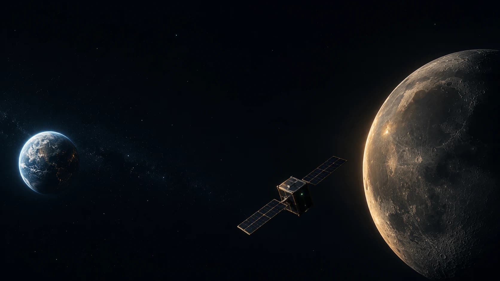 Earth on the left, DOGE-1 traveling through space, and the Moon on the right